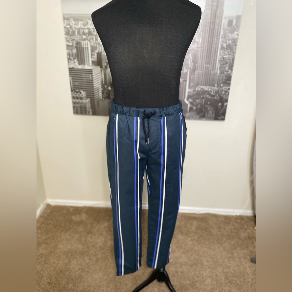 ASOS DESIGN skinny cropped pants in navy stripe with drawstring waist W32, L32